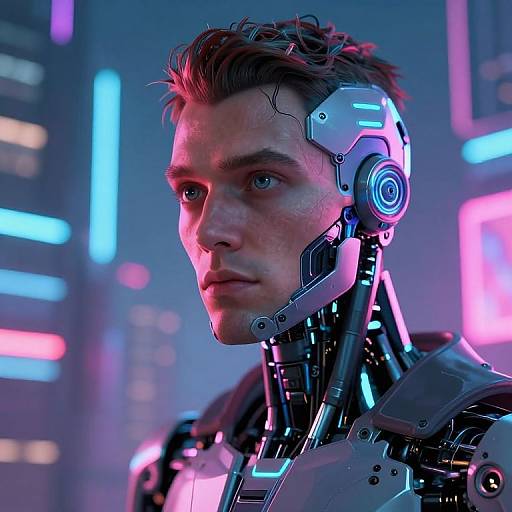 Cybernetic Human in Futuristic Cityscape