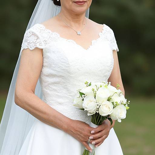 Photograph of an older white bride in a lace off-shoulder white wedding dress, holding a bouquet of white flowers, with a veil and necklace