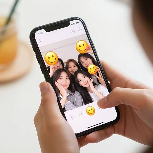 Close-up photograph of hands holding a smartphone taking a selfie with four smiling Asian women, faces adorned with smiley emojis. Bright white background.