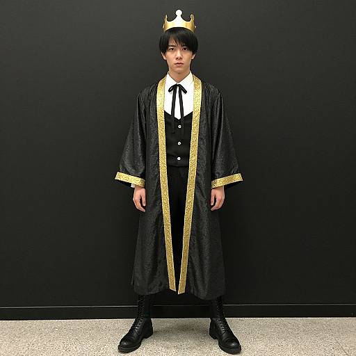 Photograph of a young boy in a black and gold royal robe, white shirt, black vest, black tie, black shoes, and a gold crown