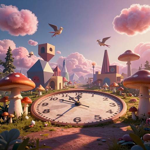 Whimsical digital painting of a fantasy clock garden with oversized mushrooms, geometric buildings, pink clouds, and flying birds under a bright sun.