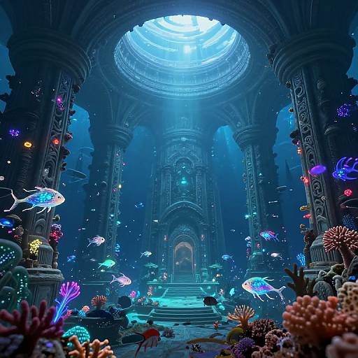 Photorealistic digital artwork of an underwater temple with glowing blue dome, colorful fish, and vibrant coral, surrounded by towering columns.