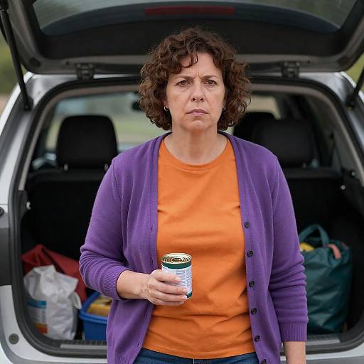 Serious Middle-Aged Woman Holding Canister by Car Trunk