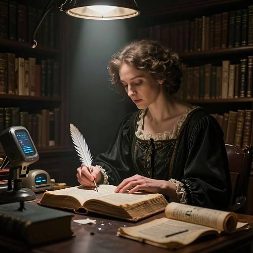 Photograph of a curly-haired woman in Victorian attire writing with a white feather quill in a dimly lit library, illuminated by a desk lamp.