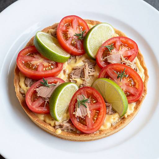 Photograph of a topped pizza with tomato slices, lime wedges, shredded chicken, fresh dill, and creamy sauce on a white plate.