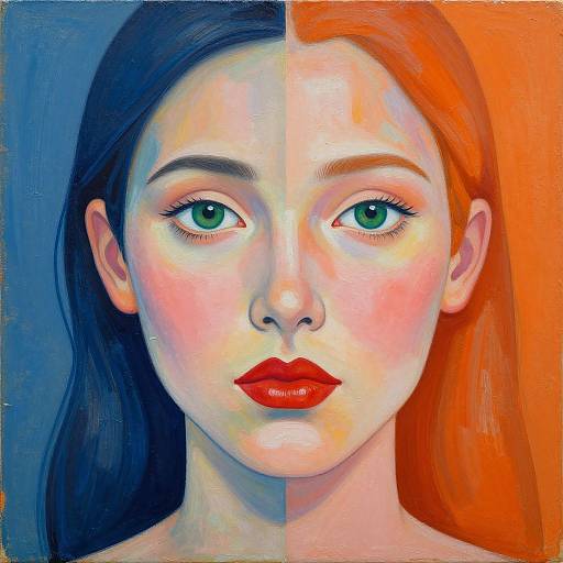 Digital painting of a woman with split-face; left side in blue, right side in orange, green eyes, red lips, long dark hair.