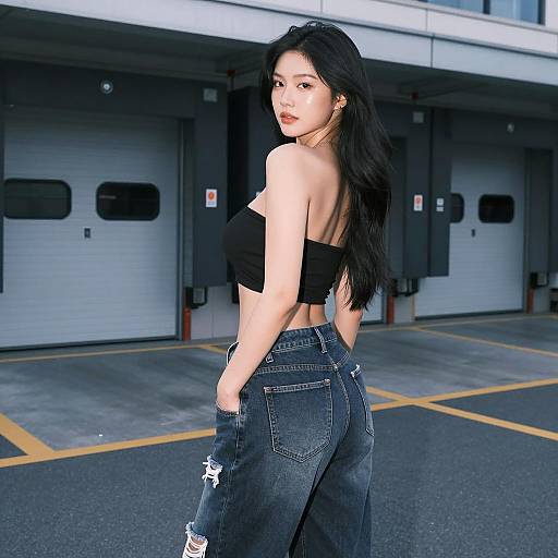 Asian Woman in Black Bandeau Top and Ripped Jeans