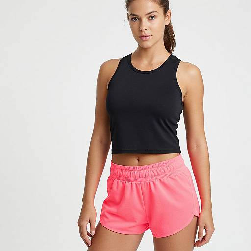 Photograph of a fit, young woman with light skin and brown hair in a ponytail, wearing a black tank top and neon pink shorts, standing