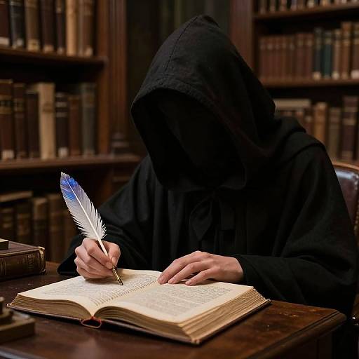 Mysterious figure in black hood writing with blue and white feather quill in dimly lit, book-filled library. Photograph.