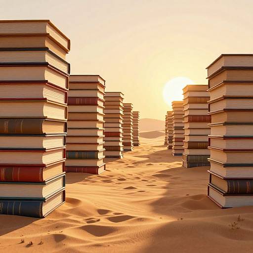 Surreal 3D Desert of Towering Books
