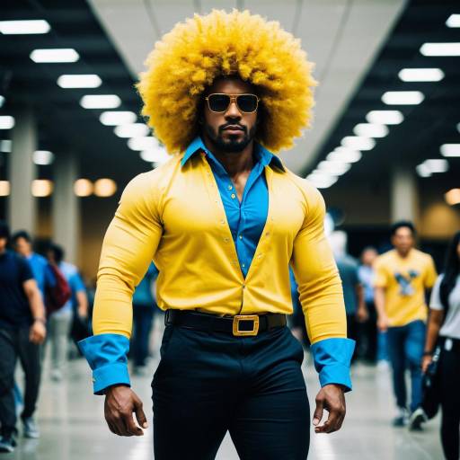 Muscular Man in Vibrant Yellow Afro and Retro Outfit