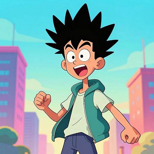 Cartoon-style drawing of a spiky-haired, excited boy in a green vest and white shirt, fists raised, against a colorful urban background.