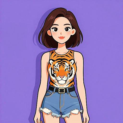 Digital anime-style drawing of a smiling young woman with brown bob hair, wearing a tiger-print tank top and frayed denim shorts, against a solid purple