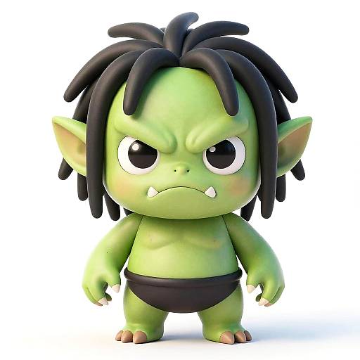 Chibi-style digital art of a green-skinned goblin with black dreadlocks, large eyes, frowning, small fangs, black loinc
