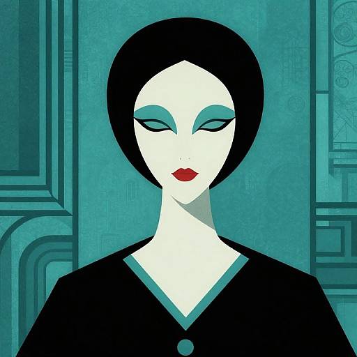 Digital art of a stylized, white-skinned woman with black bob, closed eyes, red lips, and black dress, set against a teal,