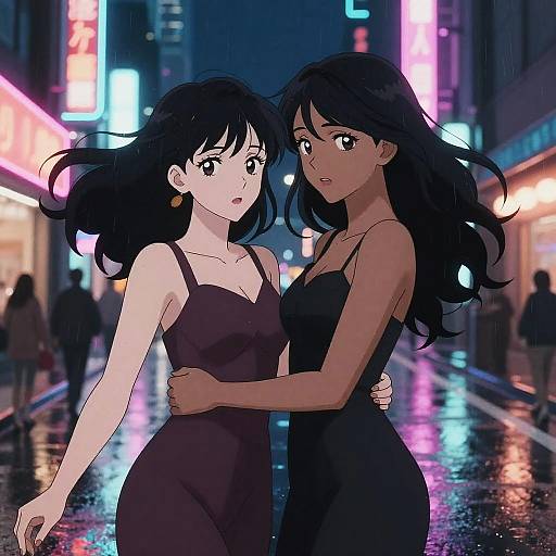 Anime-style digital drawing of two women with long black hair, in black and purple dresses, hugging on a neon-lit, rainy city street at