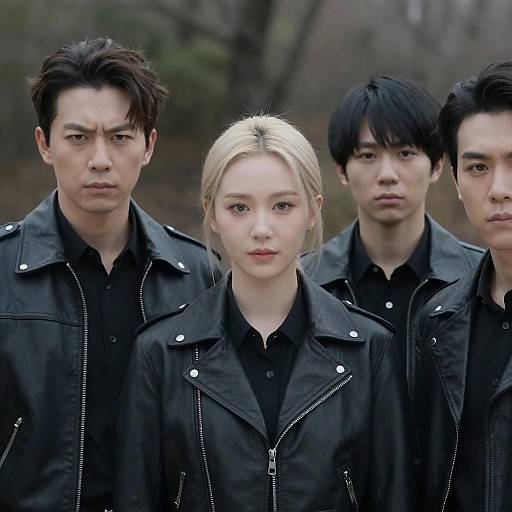 Four Friends in Leather Jackets Outdoors