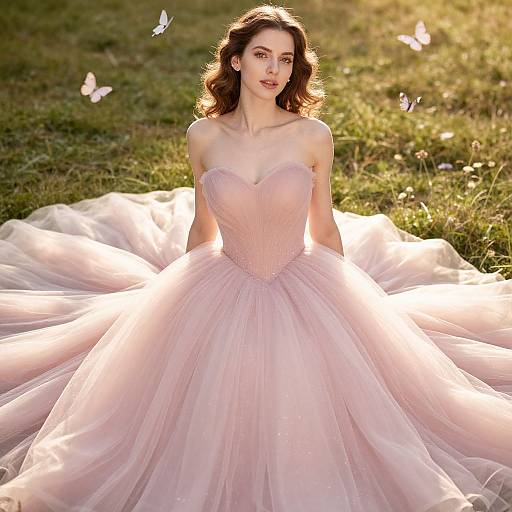 Photograph of a fair-skinned woman with wavy brown hair, wearing a strapless, pale pink, heart-shaped bodice ball gown, seated