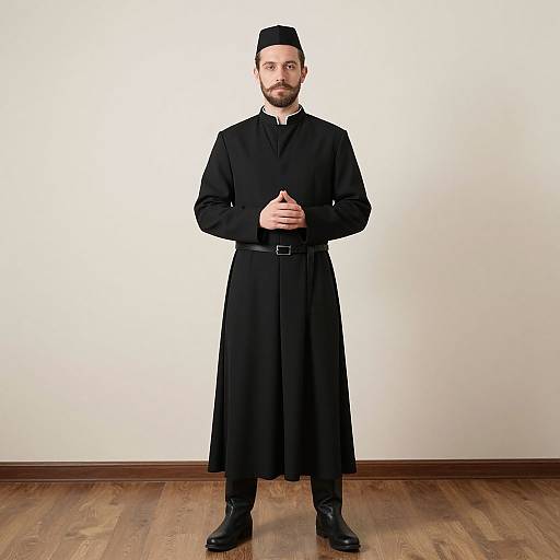 Photograph of a bearded man in a black traditional Islamic outfit with a long robe, black cap, and belt, standing on wooden floor against a