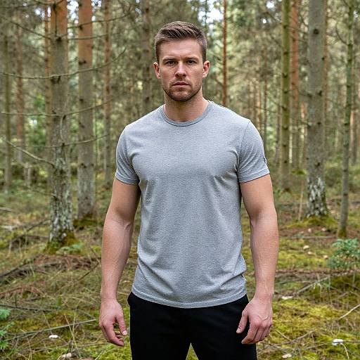 Serious Man in Vibrant Forest Scene