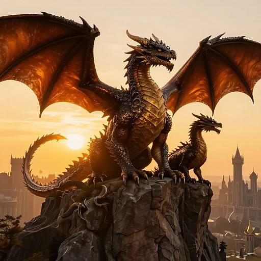 Photorealistic digital artwork of two majestic black dragons with orange-lit wings standing on a rocky peak at sunset, with a medieval cityscape in the