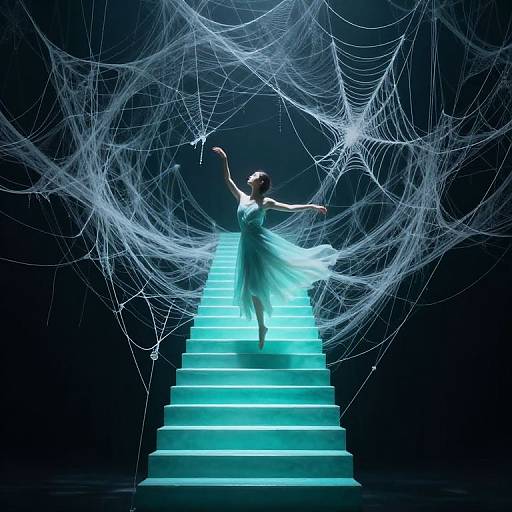 Photograph of a glowing, ethereal woman in a flowing white dress, arms raised, standing on luminous stairs, surrounded by intricate spiderwebs in