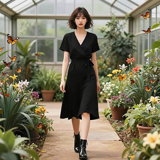 Woman in Black Dress in Butterfly Garden Greenhouse