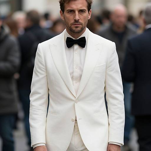 Photograph of a handsome, bearded man in a white tuxedo with a black bow tie, standing in a blurred crowd.