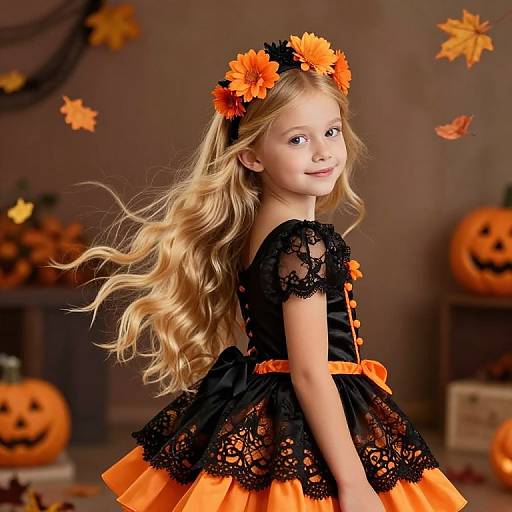 Photograph of a blonde, smiling young girl in an orange and black lace Halloween dress with floral headband, surrounded by carved pumpkins and autumn leaves
