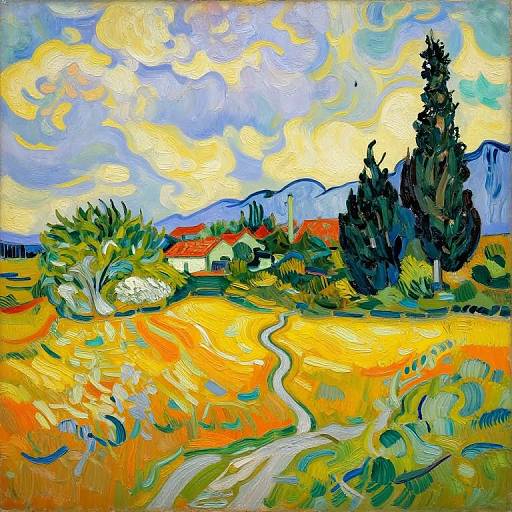 Vibrant oil painting of a sunny, rolling countryside with swirling clouds, yellow-orange fields, winding path, and tall dark trees. Impressionist