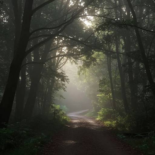 Photograph of a misty forest path, with sunlight filtering through tall, dark trees, creating a ethereal, illuminated pathway.