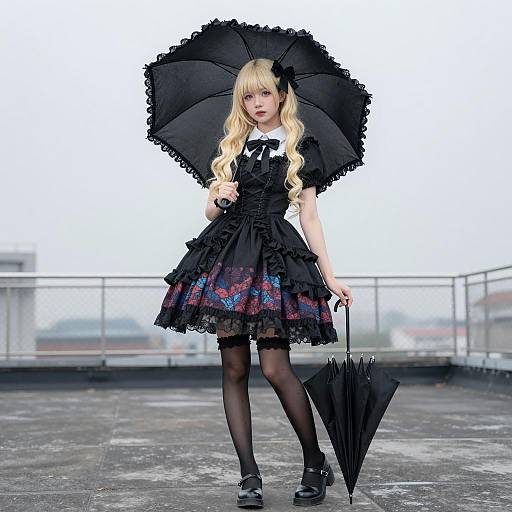 Woman in Gothic Dress with Black Umbrella on Rooftop