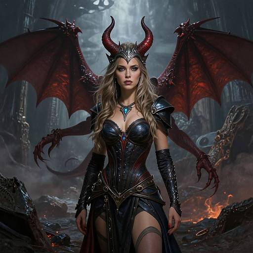 Digital fantasy artwork of a fierce female demon with red horns, bat wings, dark armor, and a glowing blue necklace in a dark, fiery ruins.