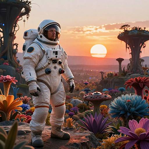 Photorealistic CGI of astronaut in white spacesuit standing in vibrant, alien landscape with colorful flowers at sunset, sun low on horizon.