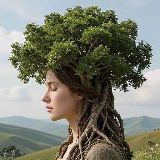 Photorealistic digital art: Young woman with tree-like hair and green leafy head, serene expression, set against rolling green hills and blue sky.