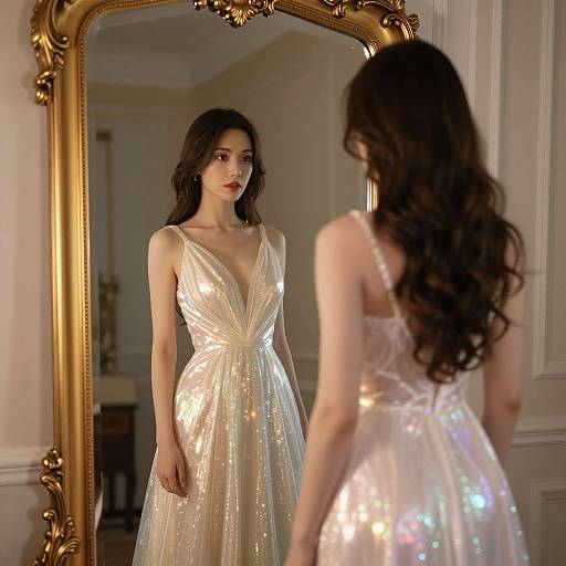 Photograph of a woman with long dark hair, wearing a shimmering, deep V-neck, white, sequined gown, standing in front of a