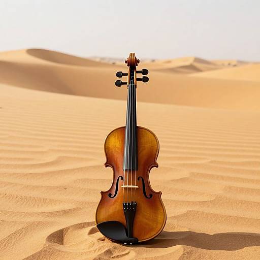 Photograph of a wooden violin standing upright in a sandy desert, with golden sand dunes and shadows in the background.