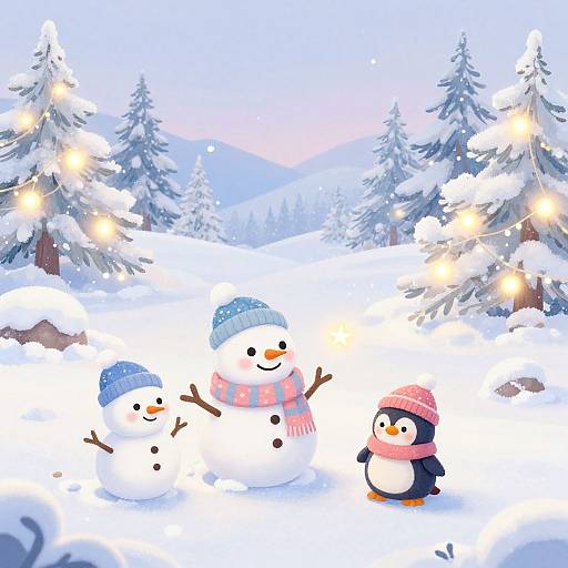 Whimsical digital illustration: Three snowmen and a penguin wearing winter hats and scarves, standing in a snowy forest with glowing string lights.