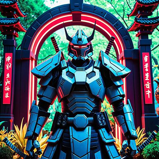 Futuristic Robotic Samurai in Neon Shrine
