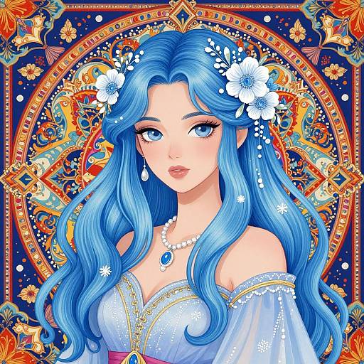 Digital anime-style portrait of a blue-haired woman with flower crown, blue eyes, wearing white off-shoulder dress, pearl necklace, set against vibrant