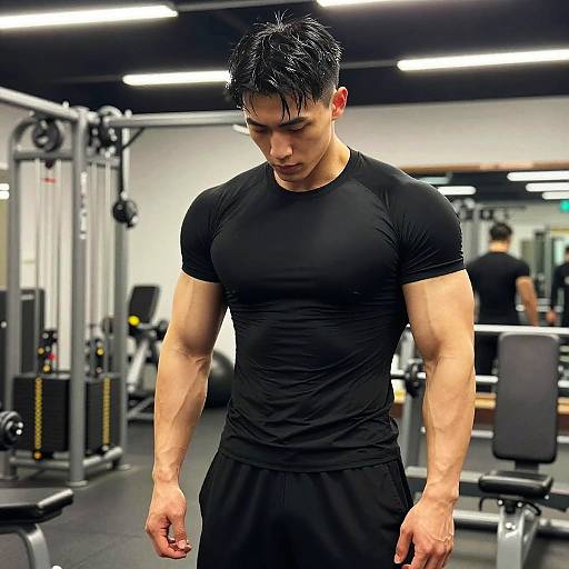 Muscular Man Standing in Modern Gym