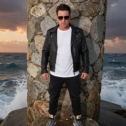Photograph of a man with short dark hair, wearing sunglasses, black leather jacket, white shirt, black jeans, and torn black-and-white shoes,