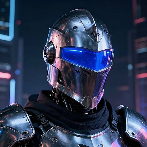 Photorealistic CGI of a futuristic metallic armored figure with blue visor, black scarf, in a neon-lit cityscape at night.