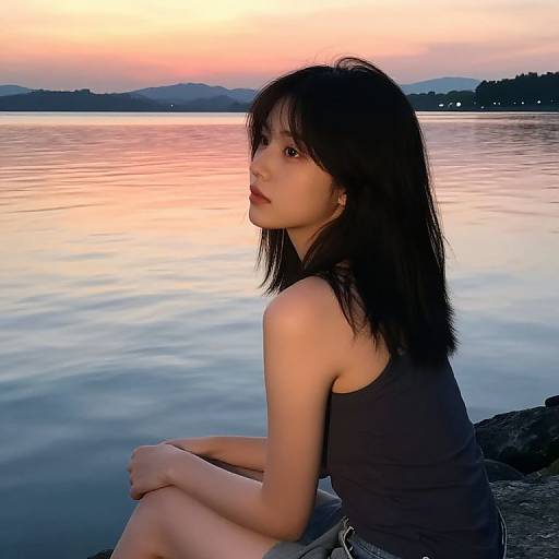 Photograph of an Asian woman with black hair, wearing a black tank top and shorts, sitting by a tranquil lake at sunset, with mountains and a