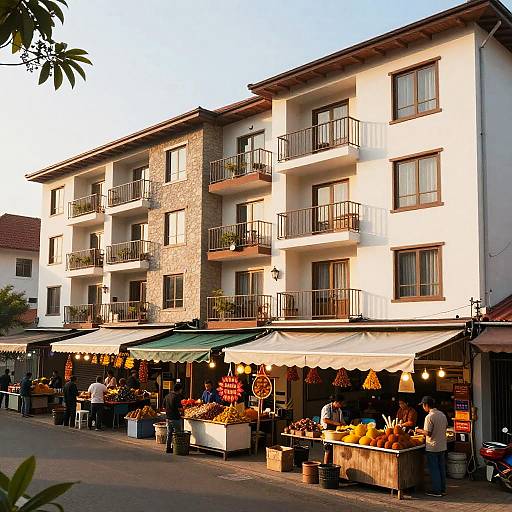 Photograph of a sunlit European street market with a white and beige apartment building, colorful produce displays, and shoppers under green and white awnings.