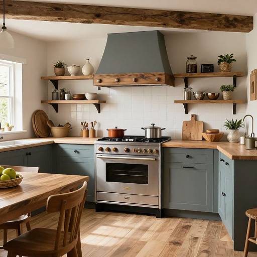 Rustic kitchen photograph: blue cabinets, wooden countertops, stainless steel stove, wooden shelves with potted plants, natural light, wooden floor, table