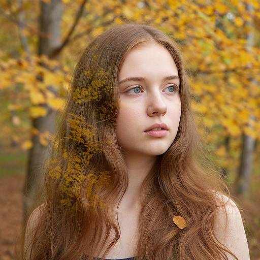 Photograph of a fair-skinned young woman with long, wavy brown hair, blue eyes, and soft pink lips, standing in an autumn forest