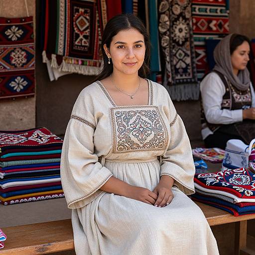 Photograph of a young South Asian woman with dark hair, wearing an intricately embroidered white traditional dress, sitting in a textile shop with colorful, pattern