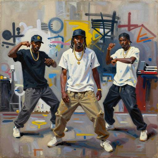 Digital painting of three African-American men in white t-shirts and black caps, posing confidently in a graffiti-filled urban setting.