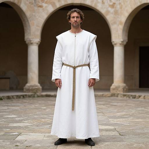 Photograph of a middle-aged man with curly brown hair, wearing a long white tunic with a gold belt, standing in front of a stone ar
